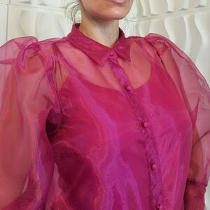 CeCe Pink Sheer Blouse with Peter Pan Collar and Puff Sleeves